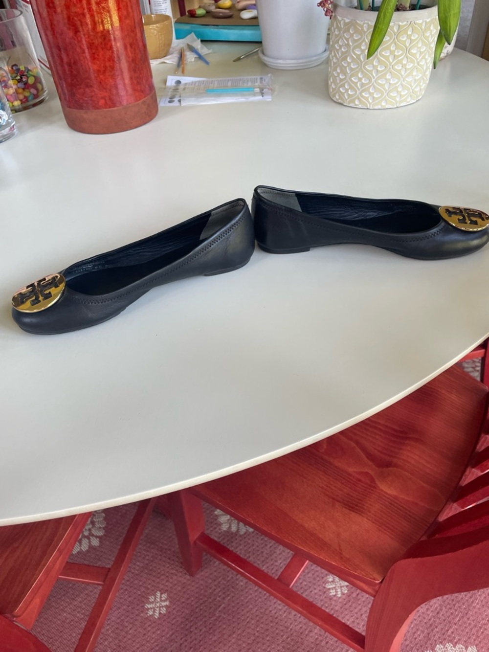 Tory Burch Black Leather Ballet Flats with Gold Logo Medallion - Picture 4 of 13